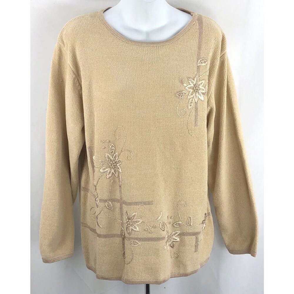 Vintage Jenny chenille knit sweater L Beige Floral embroidery beads Cottage 90s